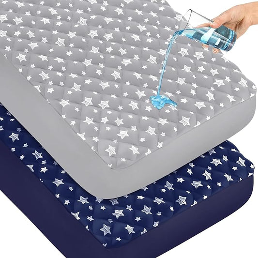 Crib Mattress Protector Waterproof 2 Pack, Quilted Crib Mattress Pad Cover 52" x 28" Extra Soft Breathable Toddler Bed Cover Stretch Up to 8", Grey & Navy Star
