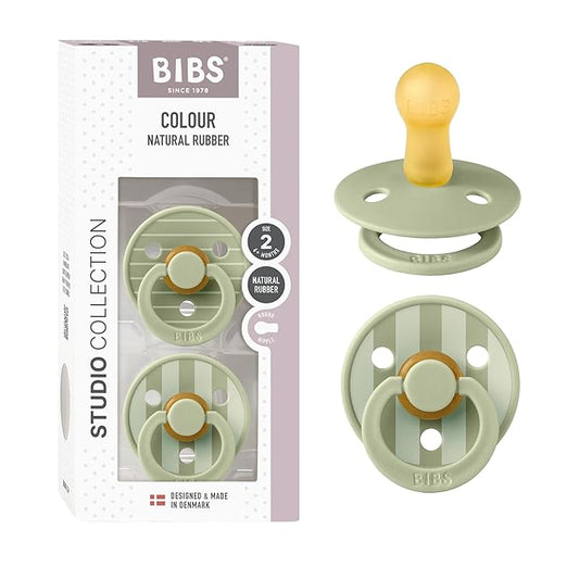 BIBS Pacifiers - Colour Studio 2 Pack | Round Nipple Baby Pacifier | BPA Free Natural Rubber Latex Soother | Made in Denmark | Size 6+ Months | Pin Sage