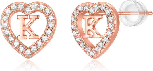 Initial Heart Earrings for Girls, Sterling Silver Post Silver/Rose Gold Heart Initial Stud Earrings for Little Girls Kids Baby Earrings Non Tarnish Hypoallergenic Earrings for Teen Girls Gifts Jewelry