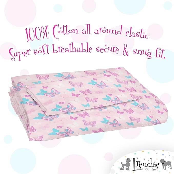 2-Piece Kids Twin Sheets Set, 100% Woven Cotton, Deep Pocket Bed Sheet 39 x 75 x 15in + Pillowcase 20 x 30, Butterfly (Pink)