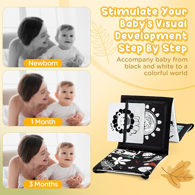 URMYWO Tummy Time Mirror Toys, High Contrast Black and White Baby Toys for Newborn, Baby Boy Girl Gifts, Visual Stimulation Learning Activity Cards, Soft Baby Book, Montessori Infant Toys 0-12 Months