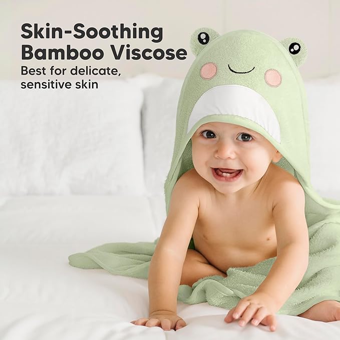 KeaBabies Hooded Baby Towel for Newborn - Viscose Derived from Bamboo Large Baby Bath Towels with Hood for Boys, Girls, Toddler, Extra Absorbent & Soft Newborn Bath Essentials (Frog)