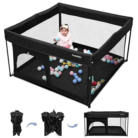ANGELBLISS 50x50 Foldable Baby Playpen with Carrying Bag & Safety Lock - ASTM F406 Certified Baby Fence for Indoor/Outdoor, Lightweight Portable Play Yard with Breathable Mesh (Black)