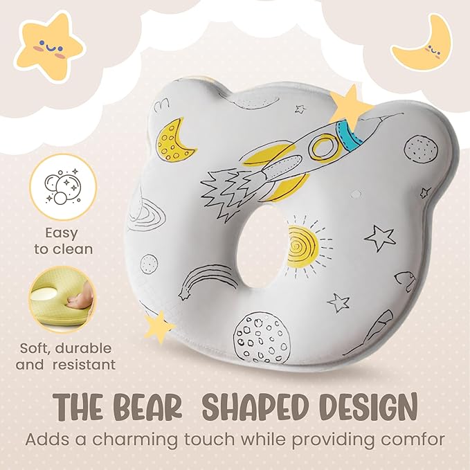 Soft and Breathable Baby Pillow with Memory Foam and Bear Design (White Cosmic)