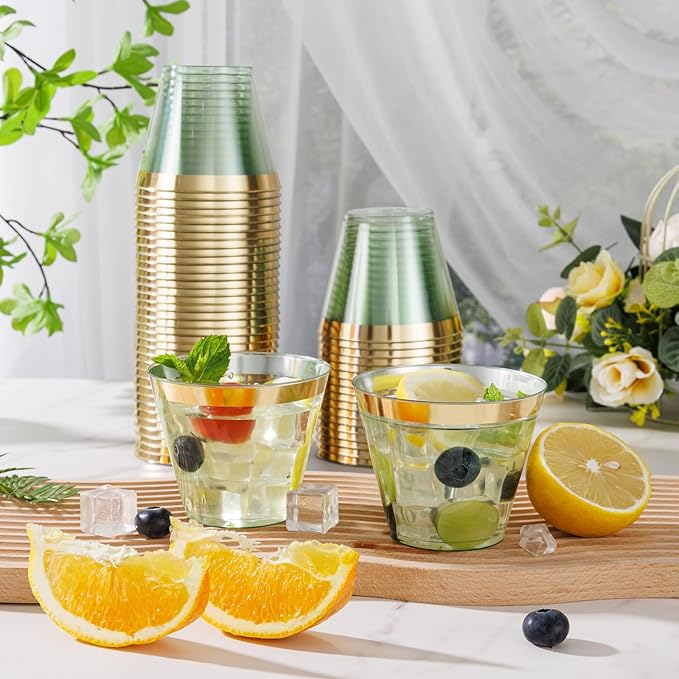 supernal 100 Pack Green Plastic Cups, 9 Oz Clear Green Disposable Cups with Gold Rimmed - Plastic Wine/Cocktail Glasses, Disposable Bridal/Shower Baby Shower Cup Perfect for Party & Wedding