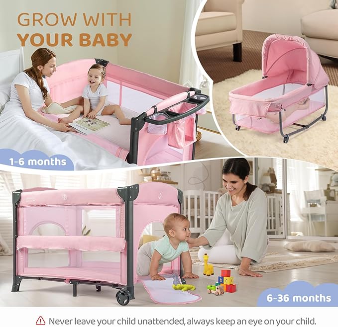 JOYMOR Twin Bassinet for Baby, Pink Bedside Bassinet, Convertible to Bedside Sleeper and Playpen, with Wheel, Brake, Foldable Side Sleeper