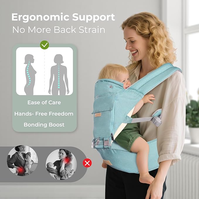 FRUITEAM 6-in-1 Baby Carrier with Waist Stool/Hip Seat, One Size Fits All -Adapt to Newborn, Baby Hip Carrier for Breastfeeding, Infant & Toddler, (Green)
