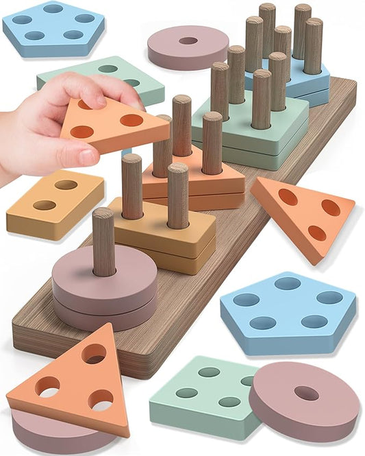 Montessori Toys for 1 2 3 Year Old Boy Girl, Toys for Ages 2-4 Toddlers Kids Baby, 1 2 Year Old Birthday Gifts, Wooden Learning Puzzles Shape Sorter Toys for Toddlers 1-3