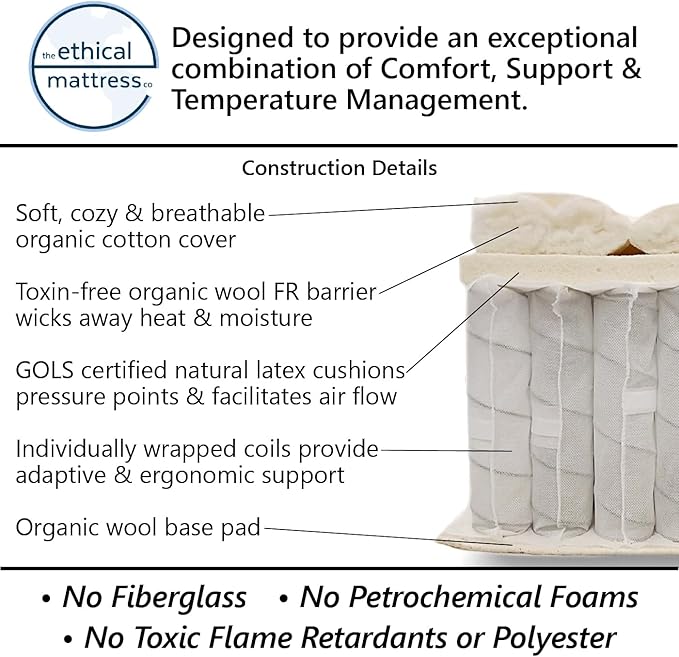 Ethical Mattress CO 10" Toxin-Free Hybrid Mattress, Made in The USA with Organic Cotton, Wool, Latex & Pocketed Coils (No Fiberglass or Polyfoams) Comfortable & Supportive Bed-in-Box - Full Size