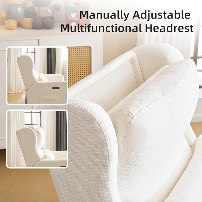 Oversized Swivel Rocker Recliner Chair, 26" Extra Wide Glider Nursery Chair with Adjustable Headrest, Chenille Power Recliner Rocking with Double Cushion, Cup Holder, White