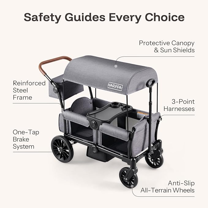 HARPPA All-Terrain Wagon Stroller for 2 Kids, Foldable Outdoor & Beach Stroller Wagon with Removable Canopy, Adjustable Push & Pull Handle, Footwell & Large Storage, Grey