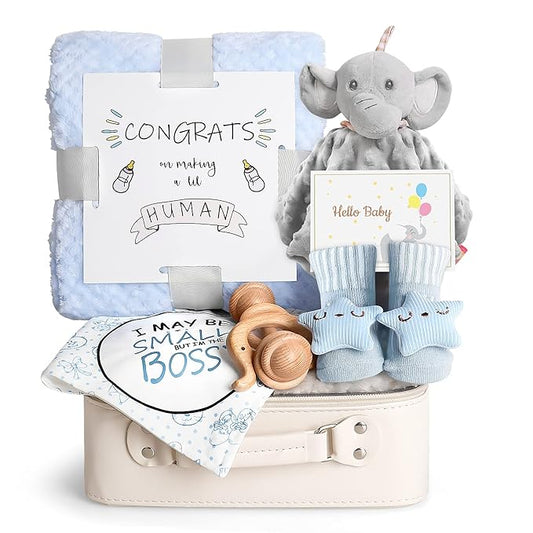 Baby Shower Gifts, Baby Boy Gift Basket Set Newborn Blanket Elephant Lovey Baby Security Blanket Wooden Rattle Toy, Funny Bibs Socks & Greeting Card, New Boys Baby Gift Essentials