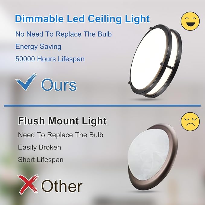 DLLT Flush Mount LED Ceiling Light: 10 Inch 5CCT (3000K-6000K) & Dimmable Ceiling Light Fixtures for Bedroom Hallway - 18W Modern Black 1600LM Super Bright Kitchen Lighting Fixtures Ceiling