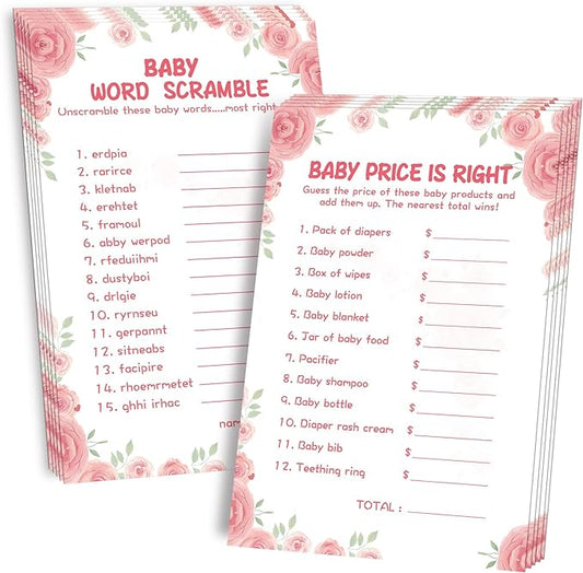 Baby Shower Games for Girl-2 Games(50 of Each),Baby Shower Word Scramble Game&Price is Right,Double-Sided,Thick Cardboard,Fun,Hilarious,with Answer Keys
