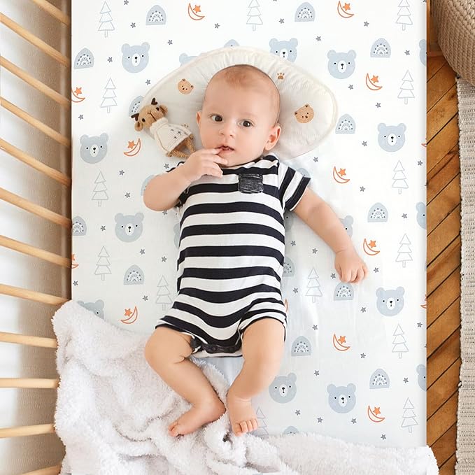 Pack n Play Flat Sheet 2 Piece Mini Crib Sheet Elastic Playard Sheet Set Portable Sheet Set Elastic Convertible Playmat Compatible Graco Pack n Play (Owl and Tree Bag) (Bear and Bird)