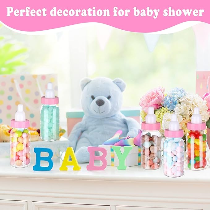 60 Pcs 4.5 Inch Baby Mini Milk Bottle Baby Shower Favor Fillable Feeding Bottle Candy Box Small Plastic Candy Container DIY Gift for Boy Girl Newborn Baptism Party Decor (Pink)