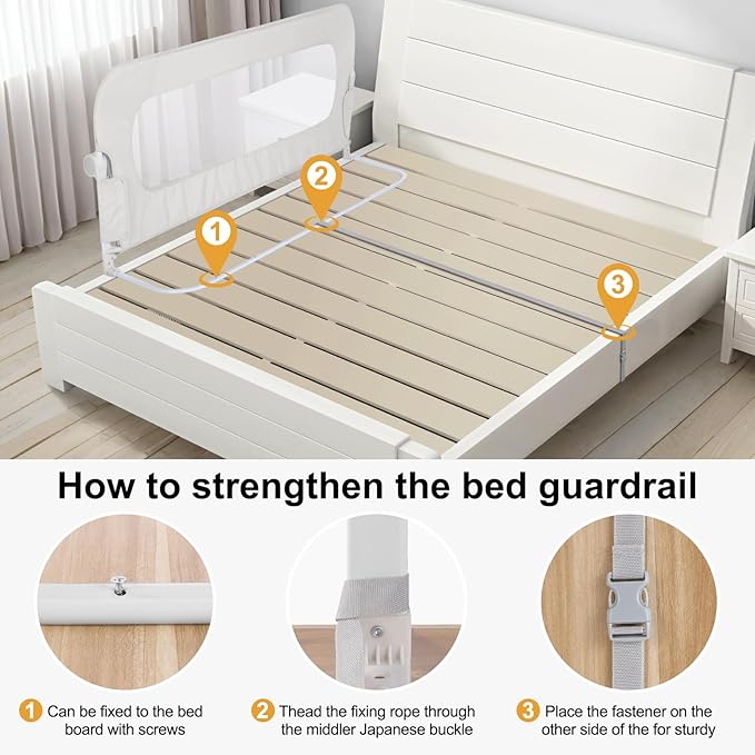 Bed Rail for Toddlers,Swing Down Kids Bed Rails Guard for Twin,Full,Queen,Bunk Size Bed,Extra Tall Child Bed Rail Guard with Reinforced Anchor Safety System(White,59 Inch,1 Side)