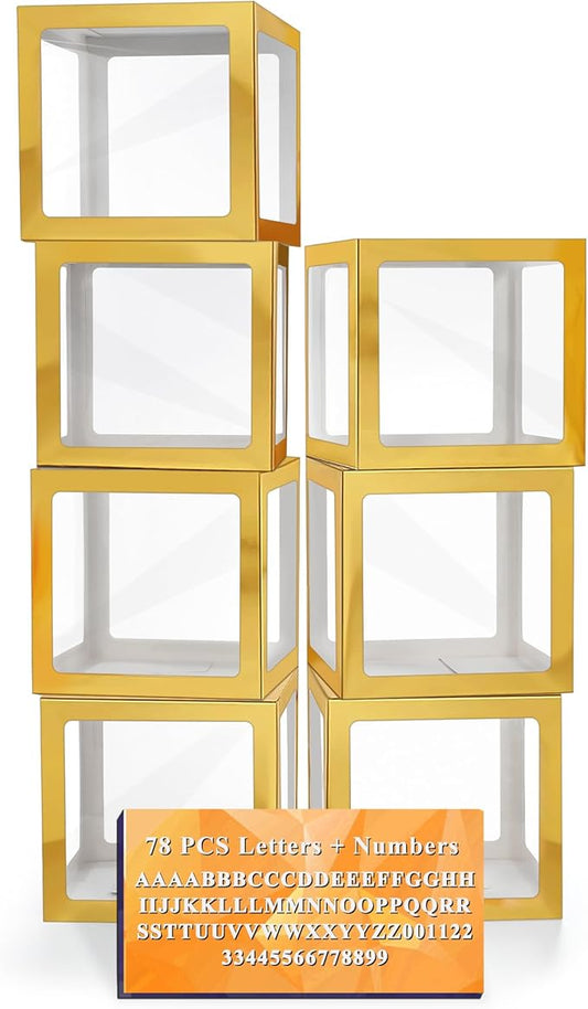 Ledido Gold Transparent Balloon Boxes with 78 Letters, Baby Boxes with Letters for Baby Shower Clear Letter Boxes for Party Graduation Wedding Birthday Baby Shower Decorations 7 PCS
