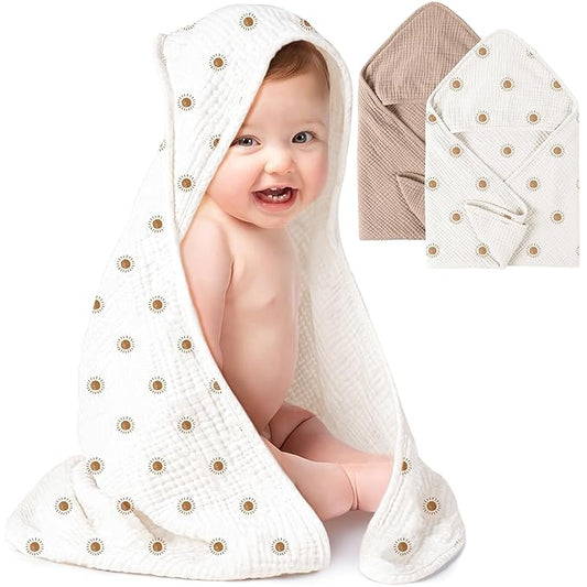 Konssy 2-Pack Muslin Hooded Baby Towels, 100% Cotton, Ultra-Soft & Absorbent Baby Bath Towels with Hood for Newborn & Infant (Camel, Sun,30" x 30")
