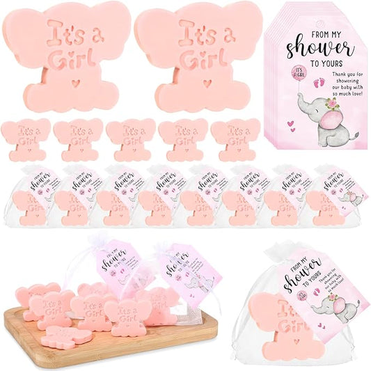 50 Sets Baby Shower Soap Favors for Guests Boy Girl Mini Handmade Scented Soaps with Thank You Tags and Organza Bags for Shower Gender Reveal Party Favors (It's A Girl,Pink Elephant)