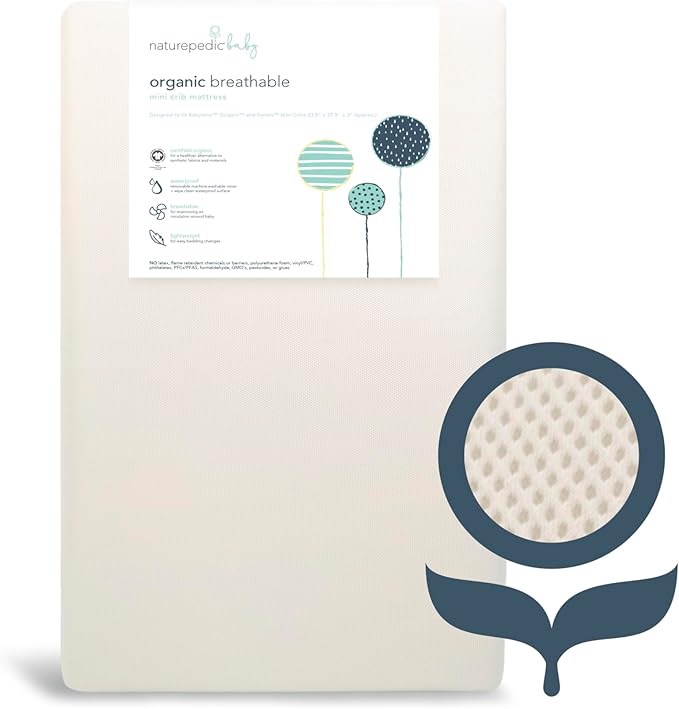 Naturepedic Organic Mini Crib Mattress - Breathable & Lightweight Infant & Toddler Mattress - Waterproof Baby Bed Mattress for Crib - Non-Toxic Mattress for Baby and Toddler Bed - 23.5" x 37.5" x 3"