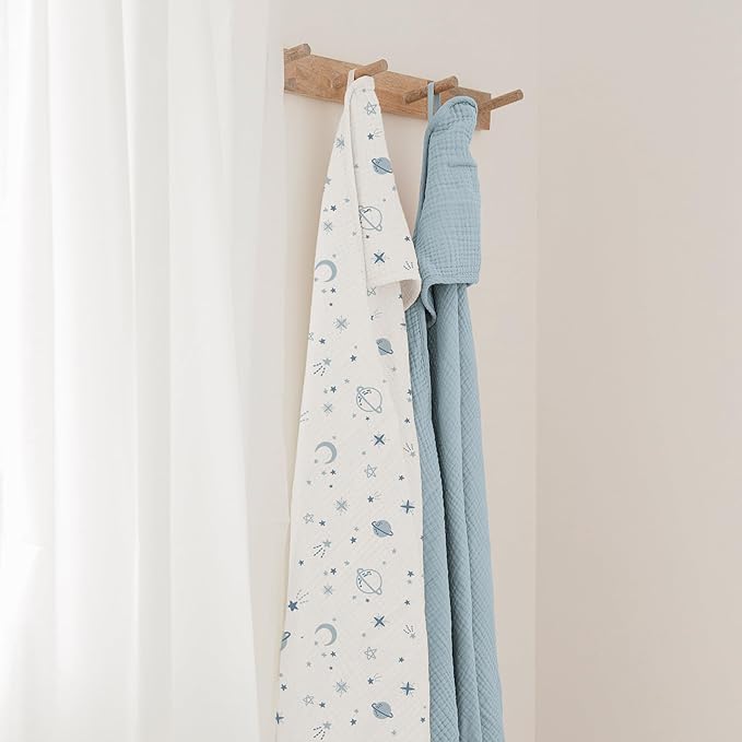 Konssy 2-Pack Muslin Hooded Baby Towels, 100% Cotton, Ultra-Soft & Absorbent Baby Bath Towels with Hood for Newborn & Infant (Blue, Star,30" x 30")