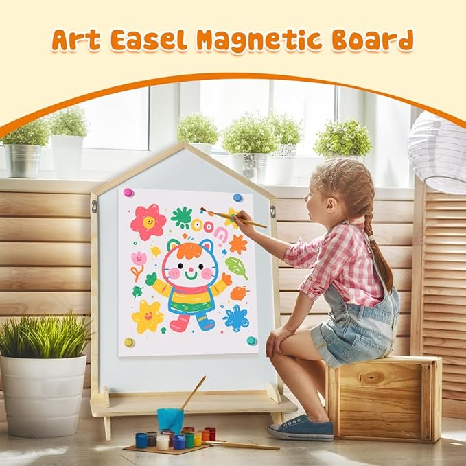 Double-Sided Magnetic Drawing Board for Kids- Chalkboard & Magnetic Whiteboard, Wood Frame Art Easel Board with Detachable Roller