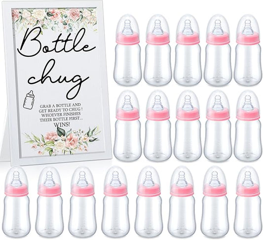Roowest Bottle Chug Baby Shower Game Favors Including Flower Theme Bottle Chug Game Wooden Sign and 18 Pcs Pink Baby Bottles for Baby Shower Game Gender Reveal Party Supplies