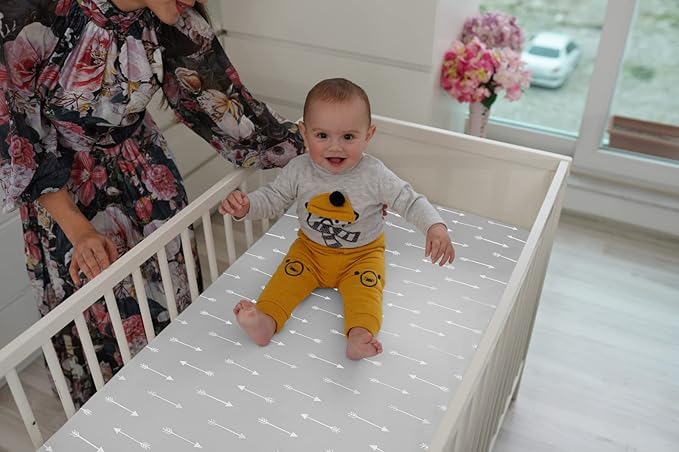 BaeBae Goods Crib Sheets for Baby Boys and Girls, 4 Pack, Soft and Breathable Jersey Knit Fitted Sheet Set, Cute Gender Neutral Nursery Mattress Bedding, Universal Fit (Grey Triangles)