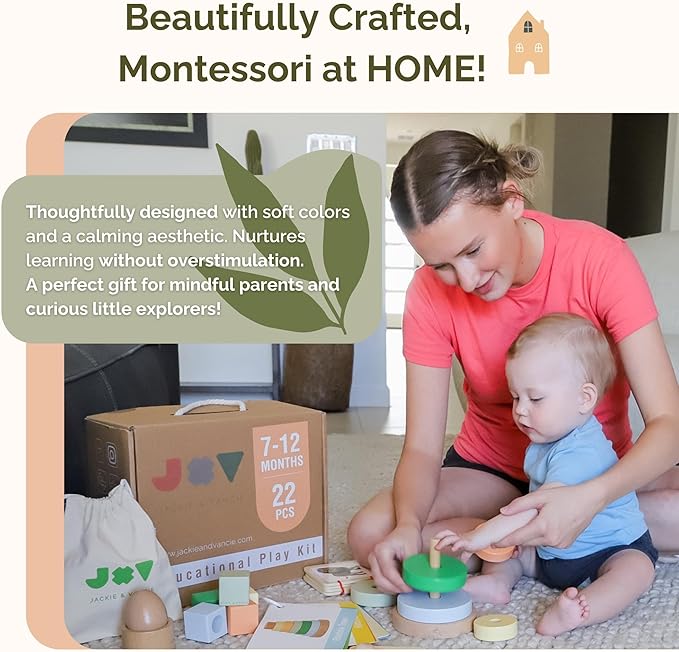 Jackie & Vancie Montessori Toys for 1 Year Old, Sensory Playkit 6 in 1 Wooden Learning Toys with Object Permanence, Rainbow Stacker, Mirror Puzzle, Sensory Blocks, Egg & Cup, Wooden Book