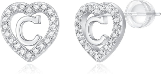 Initial Heart Earrings for Girls, Sterling Silver Post Silver/Rose Gold Heart Initial Stud Earrings for Little Girls Kids Baby Earrings Non Tarnish Hypoallergenic Earrings for Teen Girls Gifts Jewelry
