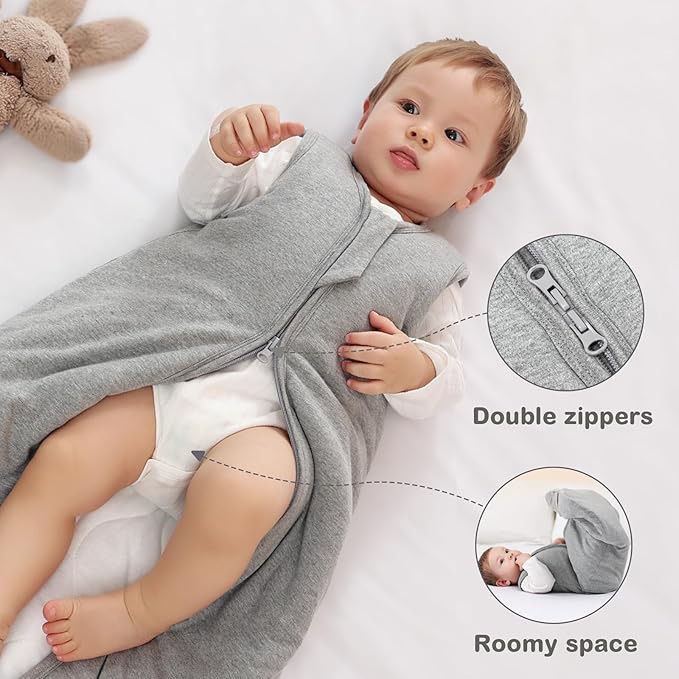 Mosebears Sleep Sack Baby Winter Wearable Blanket with 2-Way Zipper,2.5 TOG Cotton Sleep Sack Unisex (Grey, 6-12 Months)