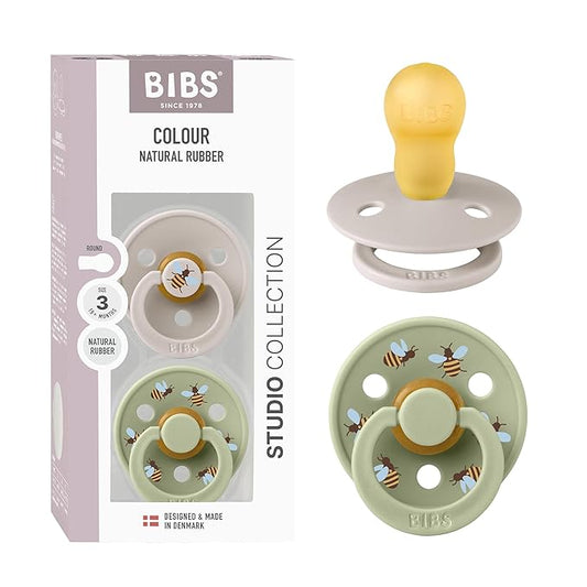 BIBS Colour Studio Soother 2-Pack, BPA Free Dummy Pacifier, Round Nipple. Natural Rubber Latex, Made in Denmark, Size 3 (18+ Months), Mushroom/Sage