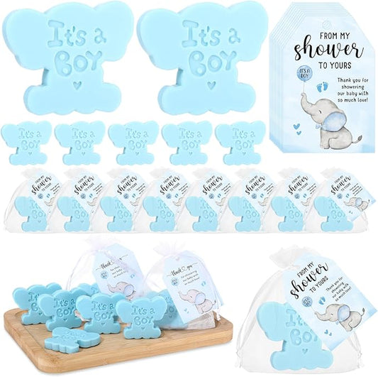 50 Sets Baby Shower Soap Favors for Guests Boy Girl Mini Handmade Scented Soaps with Thank You Tags and Organza Bags for Shower Gender Reveal Party Favors(It's A Boy,Blue Elephant)