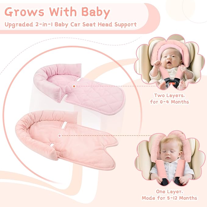 Baby Car Seat Head Body Support & Strap Covers, 2 in 1 Infant Car Seat Insert, Reversible Soft Breathable Newborn Cushion Pads for Preemie, Perfect for Baby Carseats, Strollers, Swings (Light Pink)