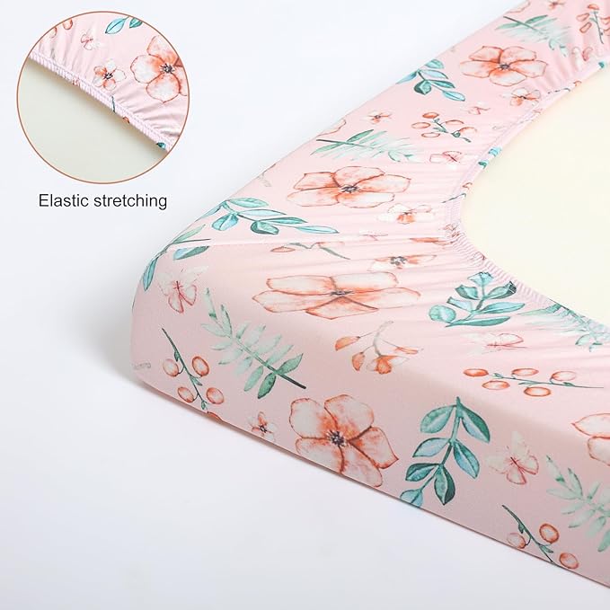Pack n Play Flat Sheet 2 Piece Mini Crib Sheet Elastic Playard Sheet Set Portable Sheet Set Elastic Convertible Playmat Compatible Graco Pack n Play (Owl and Tree Bag) (Pink Flowers)