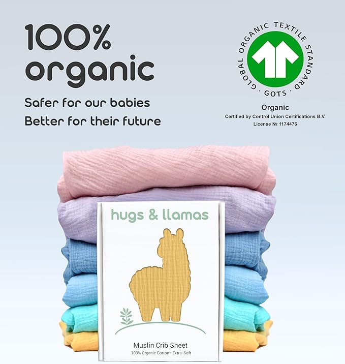 Hugs & Llamas | 100% Organic Cotton Muslin Fitted Crib Sheets for Boys & Girls - Neutral Crib Mattress Sheets