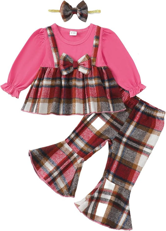 Kucnuzki Toddler Baby Girl Clothes Outfit Long Sleeve Plaid T Shirt Top Flare Leggings Pants 2 Piece Outfit Kids Clothes