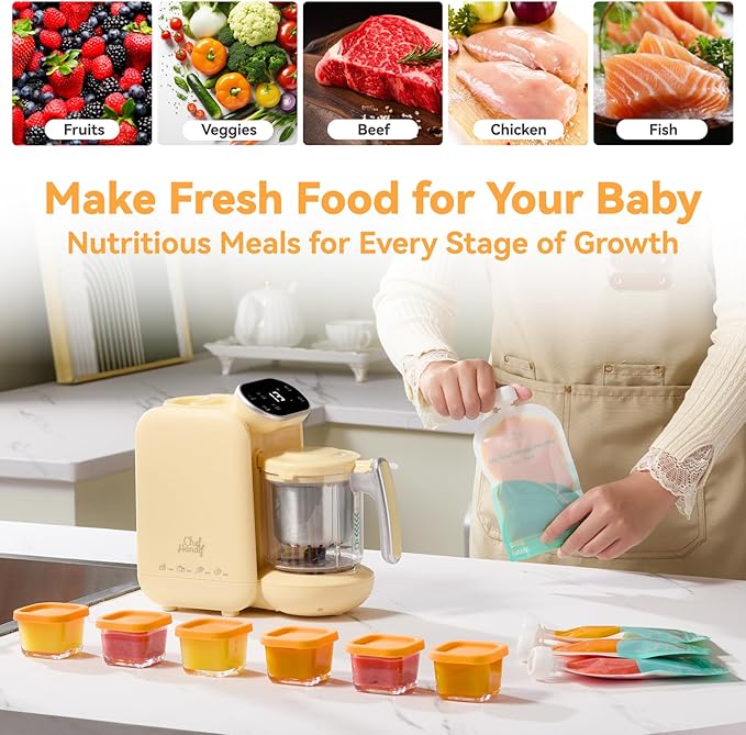 Chefhandy Baby Food Maker, 5 in 1 Baby Food Processor with Stainless Steel Steaming Basket, Baby Puree Maker with Steamer, Blender,Bottle Warmer Function,Auto Cooking & Grinding,Touchscreen (Yellow)