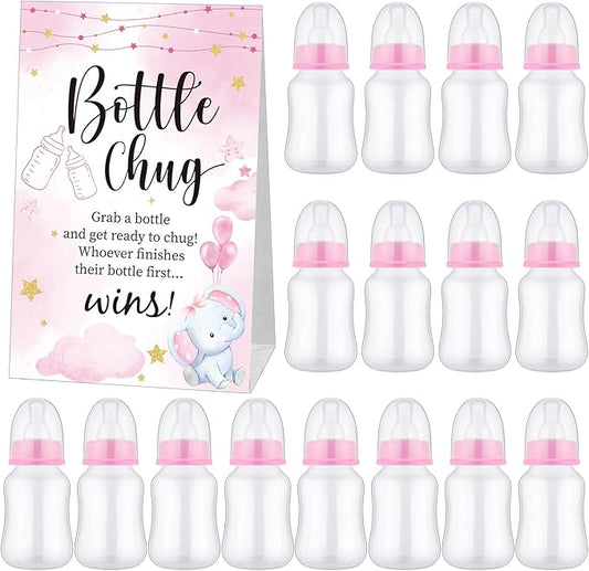 TrelaCo Bottle Chug Baby Shower Game 20 Pcs Baby Bottles Shower Favor with 1 Elephant Theme Sign for Gender Reveal Party Supplies Gifts(Pink)