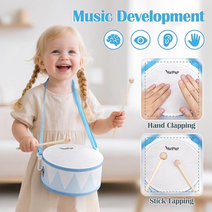 Toddlers Drum Set - Montessori Toys for 2 3 Year Old Boy Girl Birthday Gifts, 6 in 1 Wooden Musical Instruments for Toddlers 2-4, Preschool Learning Musical Toys for Baby 18+ Months with Snare Drum