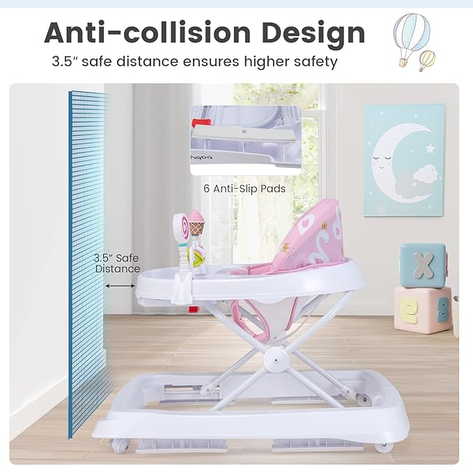 BABY JOY Baby Walker, Foldable Activity Walker with Adjustable Height, Large Tray & Removable Toys, Baby Walker with Wheels for Boys Girls 6-18 Months (Pink, Swan Pattern)