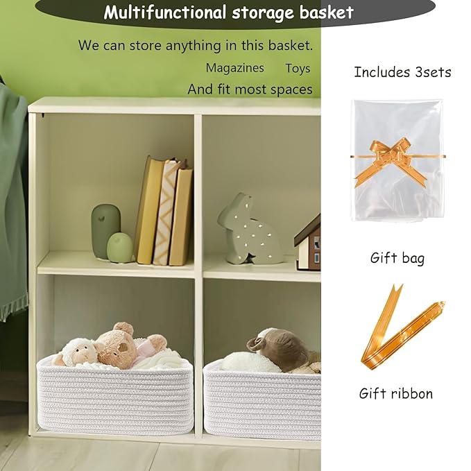 COMFY-HOMI 13" x 8.5" x 5.1" Storage Baskets for Organizing | Cotton Rope Woven Basket | Toy Storage Bin Box | Basket for Shelves, Closet Organizer Bin, Decorative Closet Shelf, 3 Pack, White