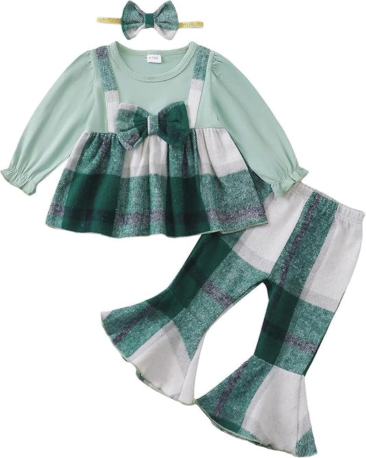 Kucnuzki Toddler Baby Girl Clothes Outfit Long Sleeve Plaid T Shirt Top Flare Leggings Pants 2 Piece Outfit Kids Clothes
