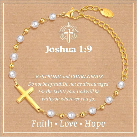 Baby Baptism Cross Bracelet Gift : 18k Gold Plated/Silver Delicate Pearl Cross Bracelets Kids Daughter Granddaughter Birthday First Communion Confirmation Gifts Christian Jewelry for Boys Girls