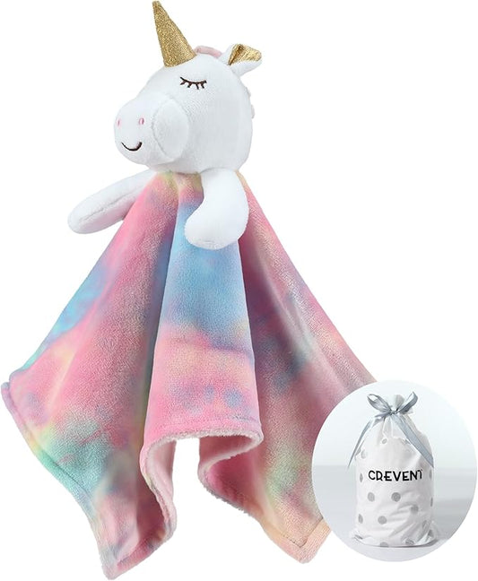 CREVENT Cozy Plush Baby Security Blanket Loveys for Baby Girls, Minky Dot Front + Backing with Animal Face (Unicorn)