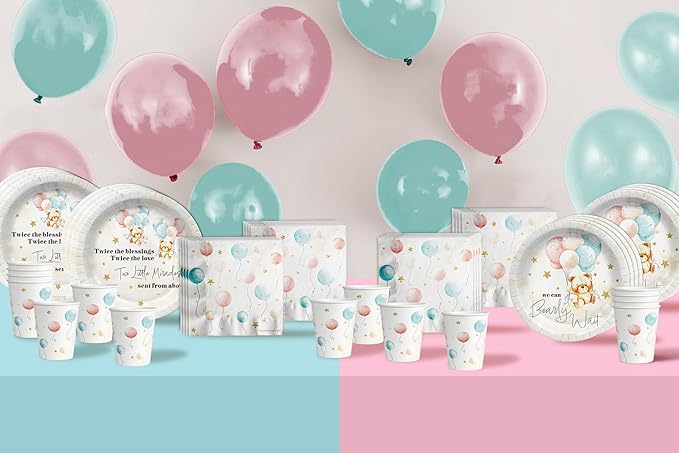 Birthday Galore Twin Teddy Bears Party Supplies - 64 Piece Twins Baby Shower Tableware Set Includes Large 9" Dinner Plates and 8" Dessert Paper Plates Napkins Cups - Kit for 16