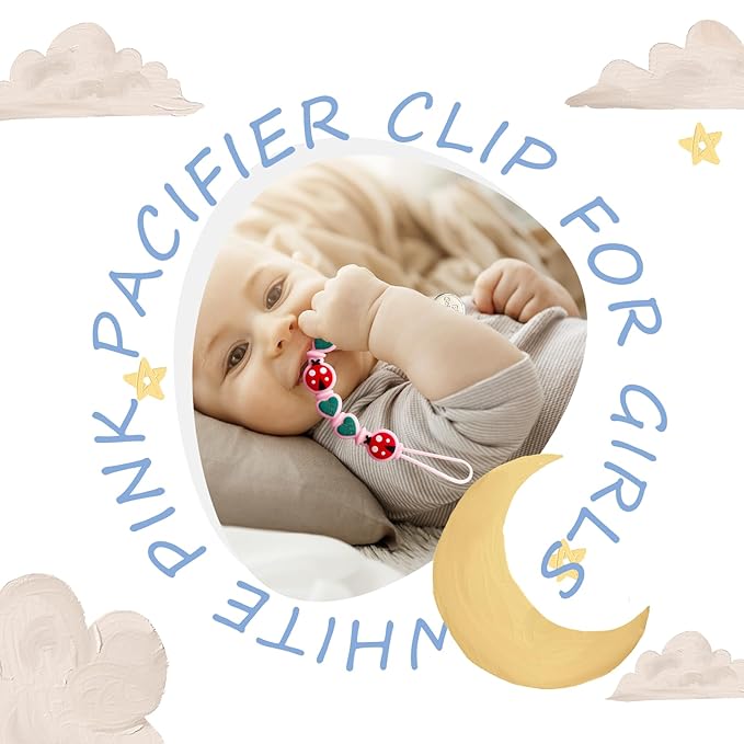 2 Pack Silicone Pacifier Clips for Baby Boys – Food Grade One-Piece Strap with Cord & Stainless Clip – Teether Holder for Baby – Cute Ladybug & Leaf Design – BPA-Free(Beige+Pink)