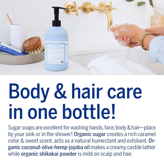 Dr. Bronner’s - Organic Sugar Soap (Baby Unscented, 64 Ounce) - Made with Organic Oils, Sugar and Shikakai Powder, 4-in-1 Use: Hands, Body, Face and Hair, Moisturizes and Nourishes, No Added Fragrance