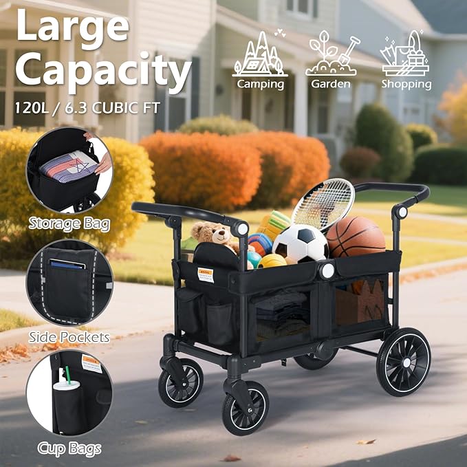 Kinder King Folding Wagon Stroller for 2 Kids, All-Terrain Baby Stroller Wagon Outdoor, Removable Canopy 2 Seater, Adjustable Handle, Shock-Absorbing Wheel, Detachable Tray, Parent Organizer, Black